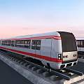 Modern White Subway Train with Red Stripes Running on Concrete Tracks at Sunset