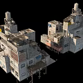 Dual Dilapidated Multi Story Building Structures With Staircases And Rustic Details