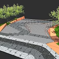Outdoor Curved Staircase With Stone Pavement Orange Rails And Green Trees
