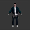 3D Character Wearing Green Jacket Plaid Shirt Blue Pants White Sneakers Black Cap Red Glasses