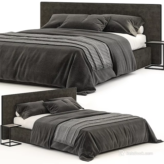 Elegant Gray Bed Setup With Headboard Pillows Striped Bedspread And Nightstand 3d model 