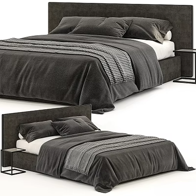Elegant Gray Bed Setup With Headboard Pillows Striped Bedspread And Nightstand 3d model