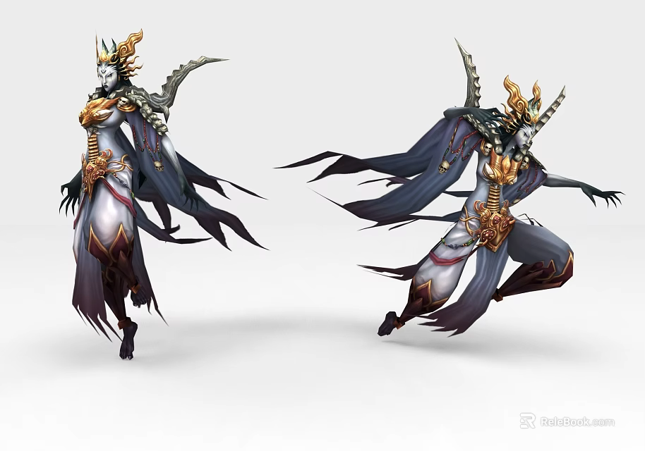 Horned Game And Movie Characters With Flowing Cape Ornamental Armor And Dynamic Poses 3d model 