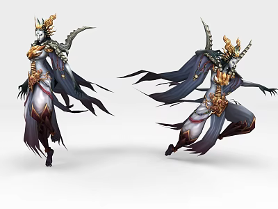 Horned Game And Movie Characters With Flowing Cape Ornamental Armor And Dynamic Poses 3d model