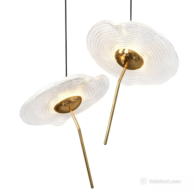 Transparent Petal Shaped Pendant Lights With Golden Metal Accents And Warm Glowing Light 3d model 
