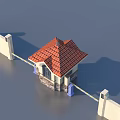 Traditional Gateway Entrance With Red Tile Roof Spire Arched Windows Stone Base And Walls