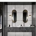 Modern Public Restroom Interior Design With Marble Walls Mirrors And Washbasins