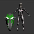 Game Movie Character in Black Gray Tight Suit with Helmet Standing Beside Green Motorcycle