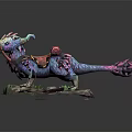 Colorful Fantasy Bird Creature With Red Saddle On Rock Base And Green Plants