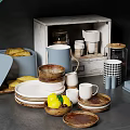 Stylish Modern Kitchenware With Jars Plates Mugs Utensils And Wooden Boards On Shelf