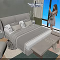 Modern Double Bed Interior Design With Beige Headboard Striped Quilt Nightstand And Window Bench