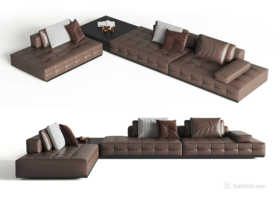 Modern Brown Leather Sectional Sofa Design With Multiple Decorative Pillows And Comfortable Seats 3d model