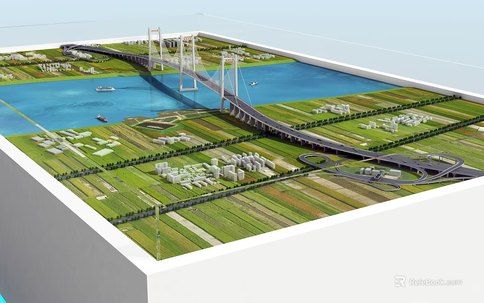 Modern Cable Stayed Bridge Connecting Urban Areas Over River With Green Fields 3d model