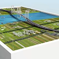 Modern Cable Stayed Bridge Connecting Urban Areas Over River With Green Fields 3d model