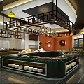 Modern Restaurant Interior With Open Buffet Counter Pendant Lights And Dining Area 3d model