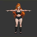 Woman With Long Orange Hair In Black Sports Bra Denim Shorts Standing Arms Outstretched