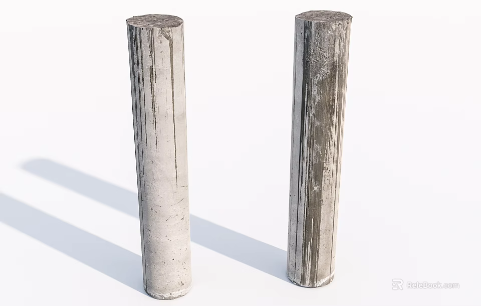 Two Cylindrical Textured Columns on White Background with Natural Light Shadow 3d model 