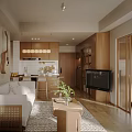 Modern Living and Dining Room Interior With Sofa Coffee Table Guitar Wooden Cabinets Hanging Lamp