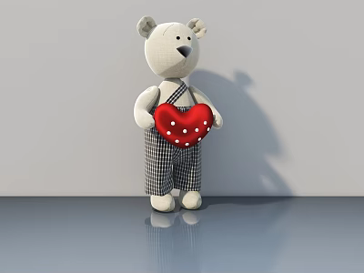 Cute White Stuffed Bear Doll Wearing Plaid Overalls Holding Red Heart With White Dots 3d model