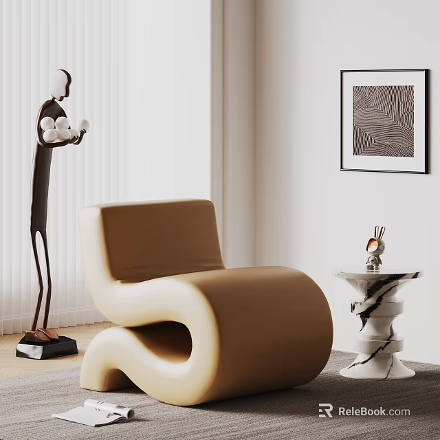 Modern Beige Accent Chair With Marble Side Table Sculpture Wall Art And White Blinds 3d model 