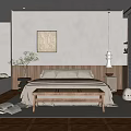 Modern Bedroom Interior With Natural Light Wooden Headboard Bench Decorative Painting And Floor Lamp