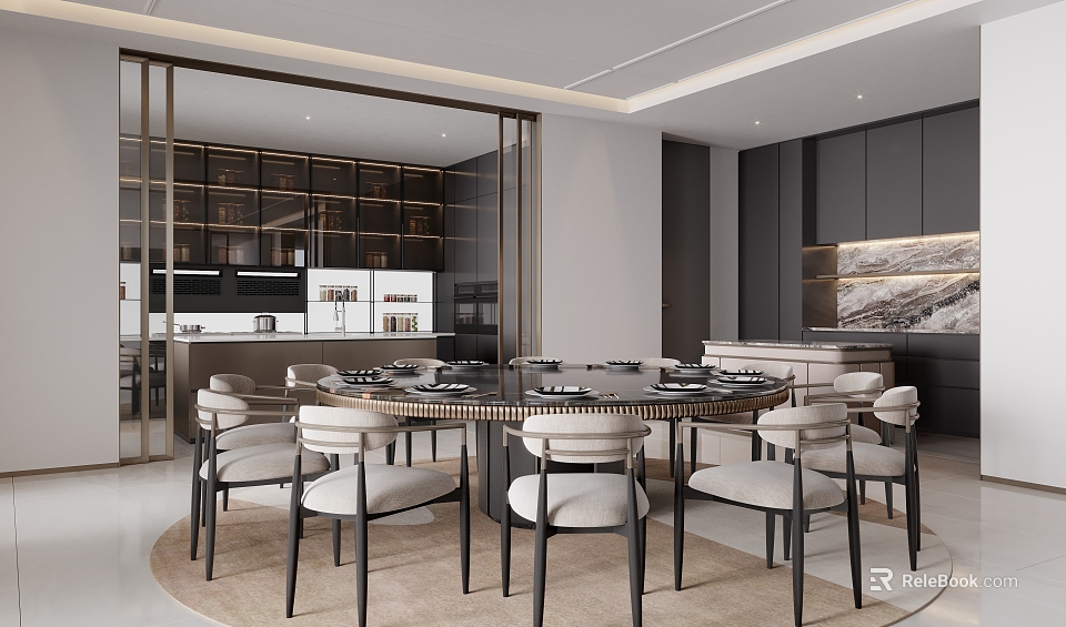 Modern Luxury Restaurant Interior With Round Table Chairs Glass Partition And Cabinets 3d model 