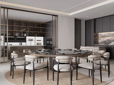 Modern Luxury Restaurant Interior With Round Table Chairs Glass Partition And Cabinets 3d model