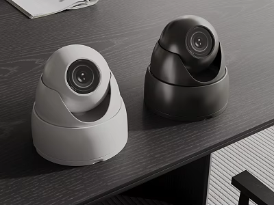 Two Dome Shaped Surveillance Cameras In White And Black On Desk 3d model