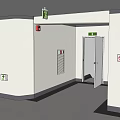 Office Corridor Interior with Safety Door Fire Extinguisher Notice Board and Lighting