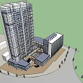 Modern High Rise Office Building With Glass Curtain Walls Surrounded By Trees And Pathways