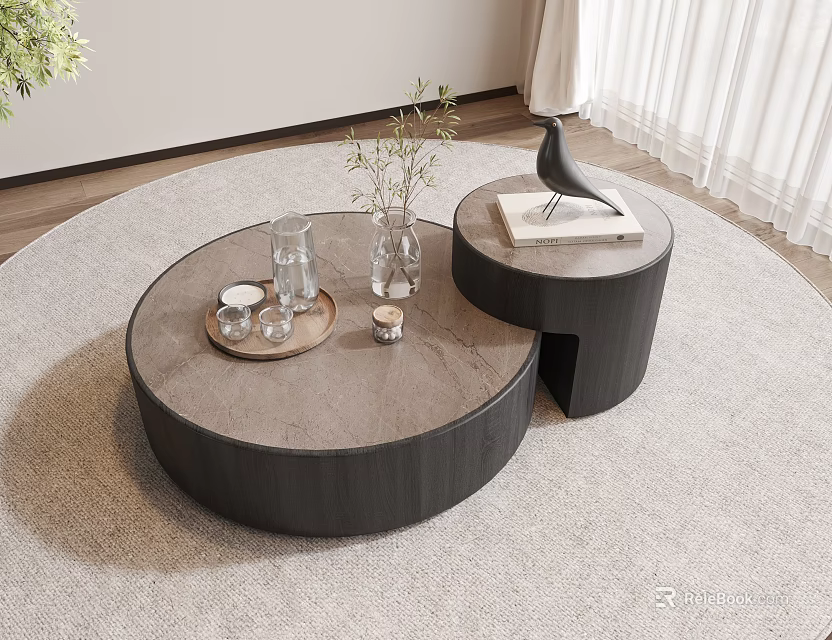 Round Dark Wooden Coffee Table With Book Bird Ornament Glass Cups Vase Plant On Carpet 3d model 