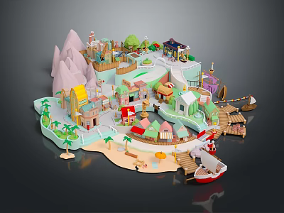 Cartoon Scene With Mountains Colorful Houses Palm Trees Beach Wooden Bridge And Red White Boat 3d model