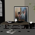 Modern Side Table With Tray On Checkered Rug Near Potted Plant And Artwork In Living Room
