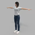 A Woman In White CELINE T shirt Blue Ripped Jeans And White Sneakers With Arms Stretched