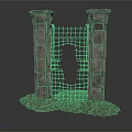 Ancient Stone Pillars With Iron Gate Featuring Central Hole And Rubble Base 3d model