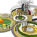 Children's Play Area With Large Red Sculptures Trees And Yellow Building