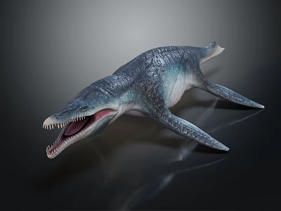 Realistic Prehistoric Aquatic Creature 3D Model With Open Mouth Sharp Teeth Streamlined Body Dark Background 3d model