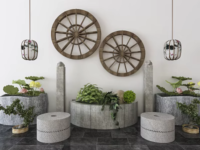 Garden Ornamental Decor with Wooden Wheels Lanterns Stone Containers Green Plants and Lotus Flowers 3d model