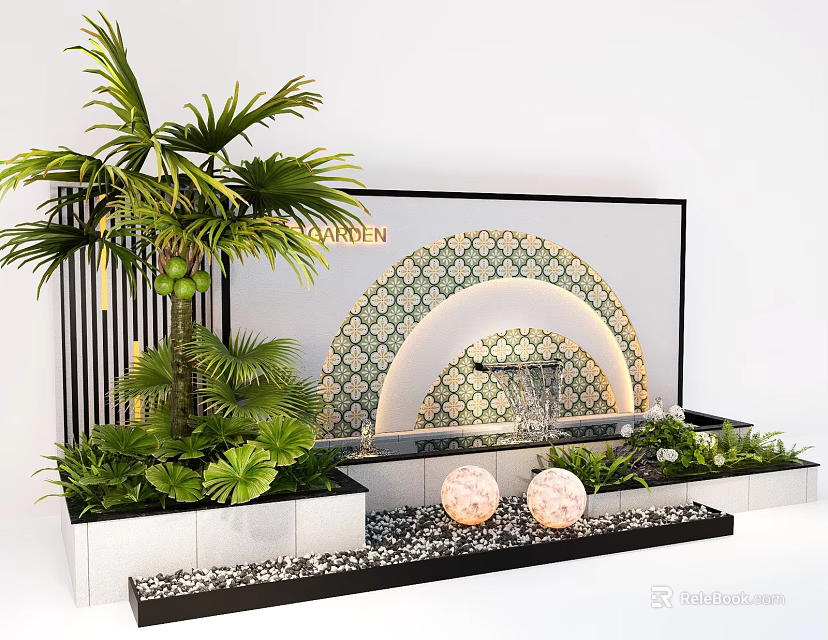 Feature Wall With Arched Design Decorative Patterns Green Plants Water Fountain And Decorative Spheres 3d model 