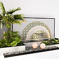 Feature Wall With Arched Design Decorative Patterns Green Plants Water Fountain And Decorative Spheres