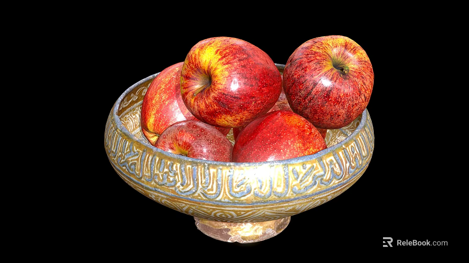Fresh Red and Yellow Apples in a Decorative Patterned Bowl 3d model 