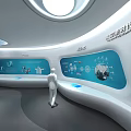 Modern Exhibition Hall With Curved Screen City Map Buildings Information Tags And Urban Model Person