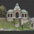 Detailed Architectural Model of Historic Pavilion with Green Lawn and Cars
