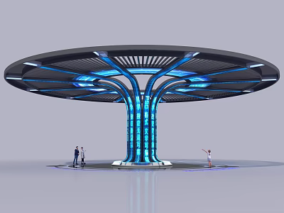 Modern Design Pillar With Blue Lighting And Umbrella Shaped Top People Around 3d model