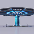 Modern Design Pillar With Blue Lighting And Umbrella Shaped Top People Around