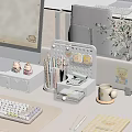 Cute Work Desk with Cartoon Decorations Organizer Colorful Pens Scissors Yellow Cup and Green Plant