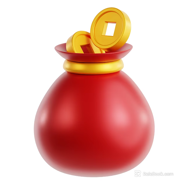 Red Bag Decorative Ornament Set With Golden Rim And Ancient Chinese Coins 3d model 