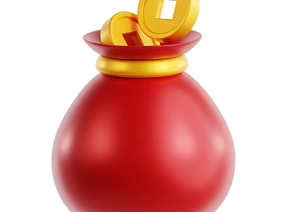 Red Bag Decorative Ornament Set With Golden Rim And Ancient Chinese Coins 3d model