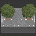 Urban Rest Area Scene With Two Green Trees Street Lamps Wooden Benches And Paved Ground