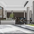 Elegant Modern Sales Office Lobby With Green Plants Sofas Chandeliers Display Platform And Marble Flooring